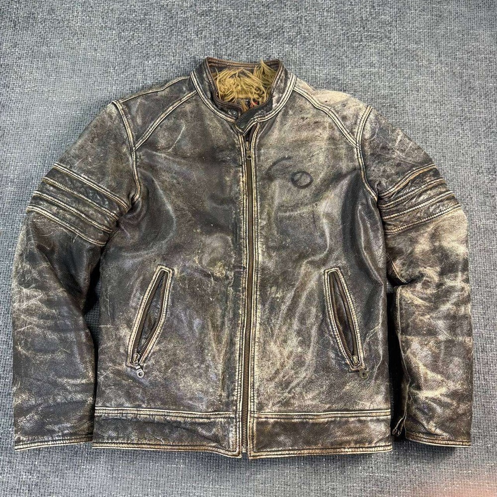 Buffalo David Bitton Leather Biker Jacket Mens M Brown fur lined Cafe Racer